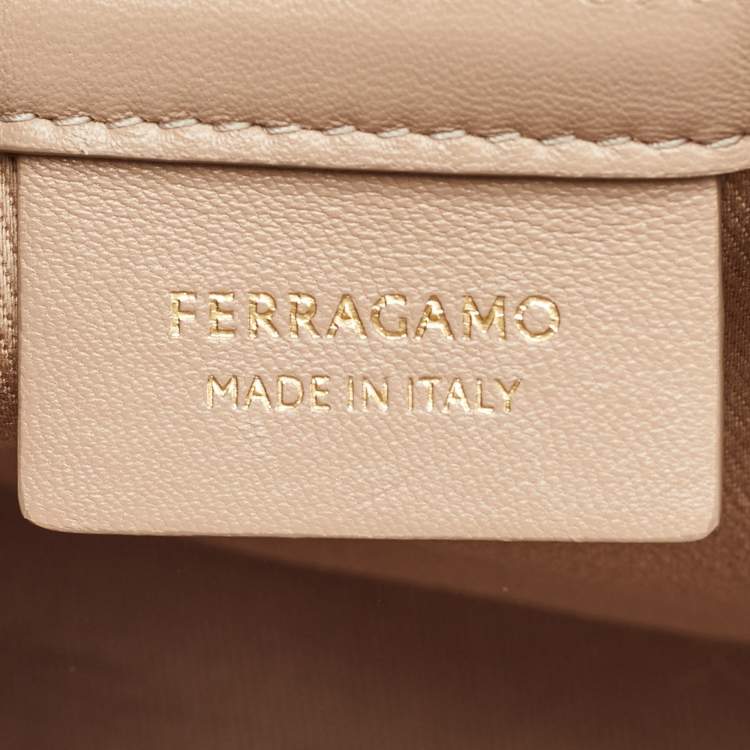 Pre Owned Salvatore Ferragamo Beige Signature Fabric Logo Small Tote