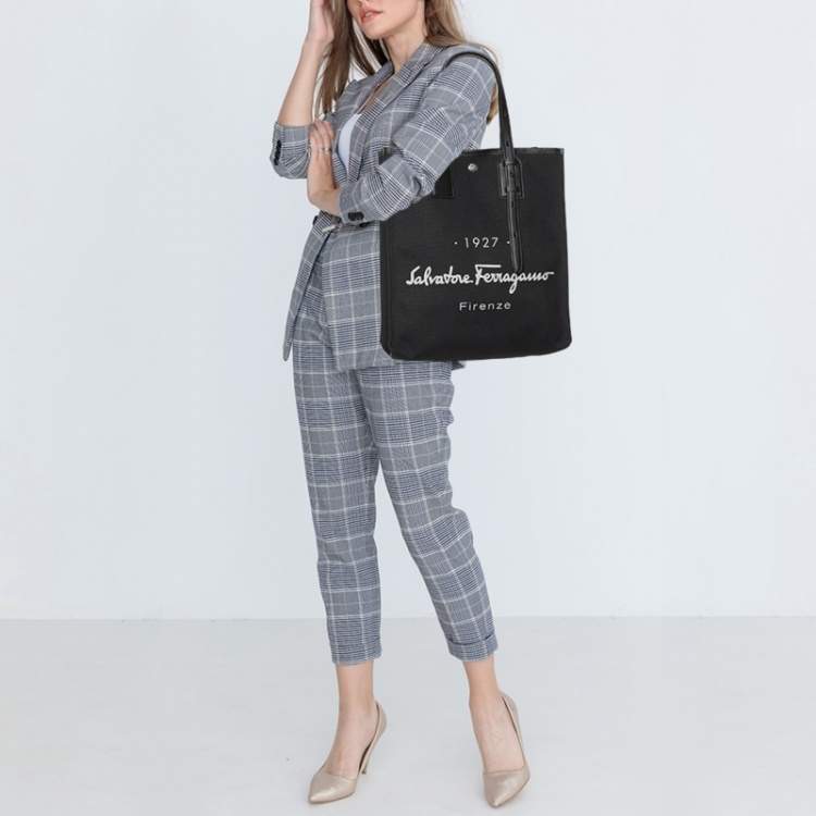 Pre Owned Salvatore Ferragamo Black Canvas and Leather Shopper Tote