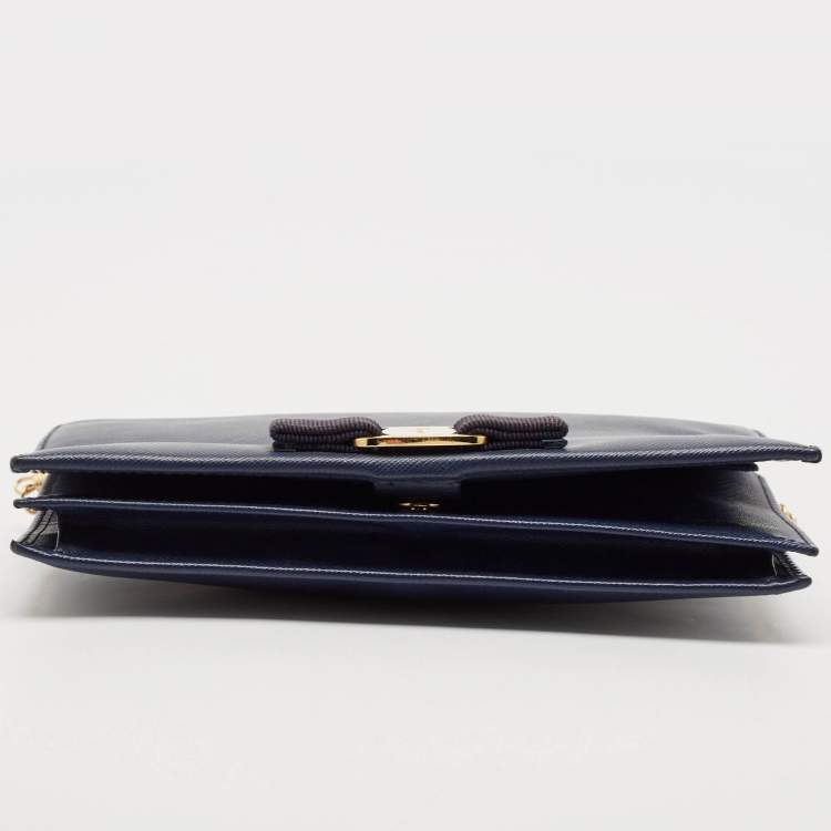 Pre Owned Salvatore Ferragamo Navy Blue Leather Vara Bow Flap Wallet On Chain