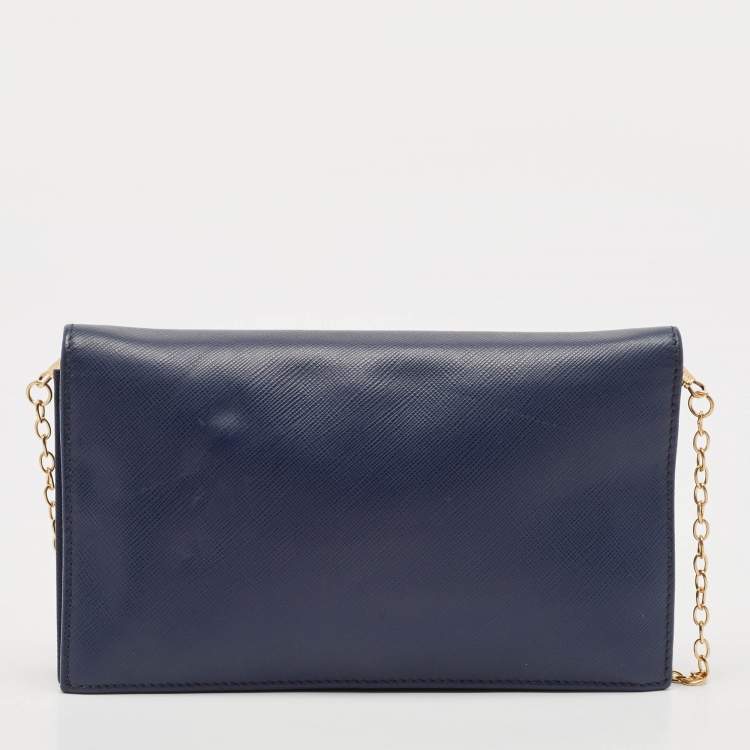 Pre Owned Salvatore Ferragamo Navy Blue Leather Vara Bow Flap Wallet On Chain