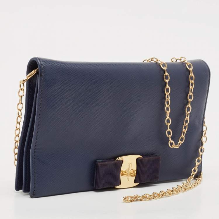 Pre Owned Salvatore Ferragamo Navy Blue Leather Vara Bow Flap Wallet On Chain