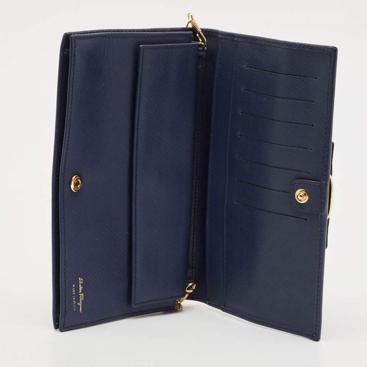 Pre Owned Salvatore Ferragamo Navy Blue Leather Vara Bow Flap Wallet On Chain