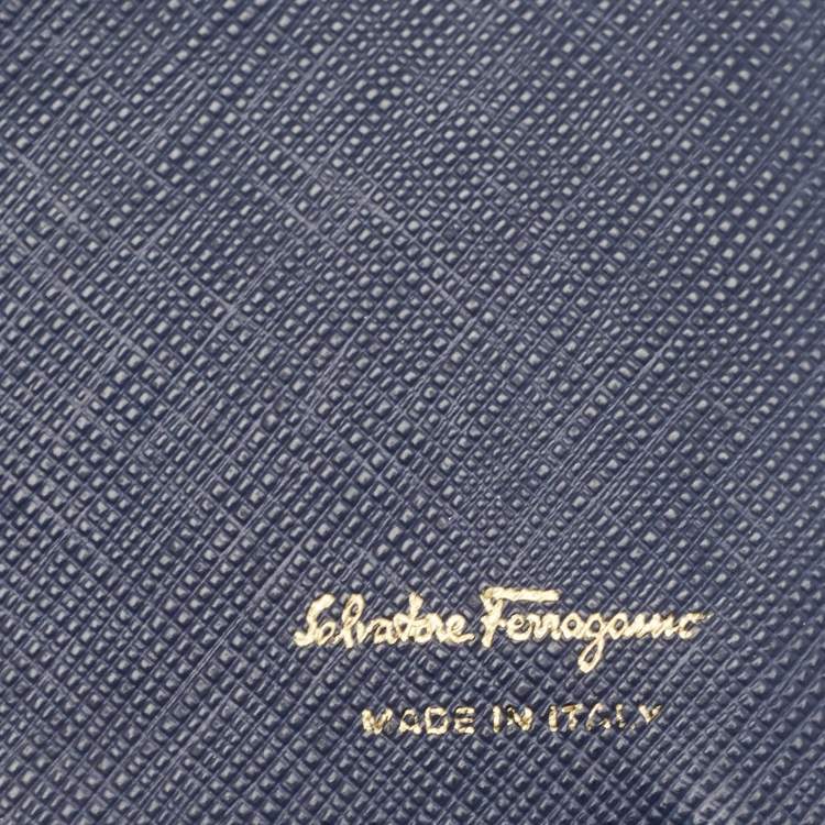Pre Owned Salvatore Ferragamo Navy Blue Leather Vara Bow Flap Wallet On Chain