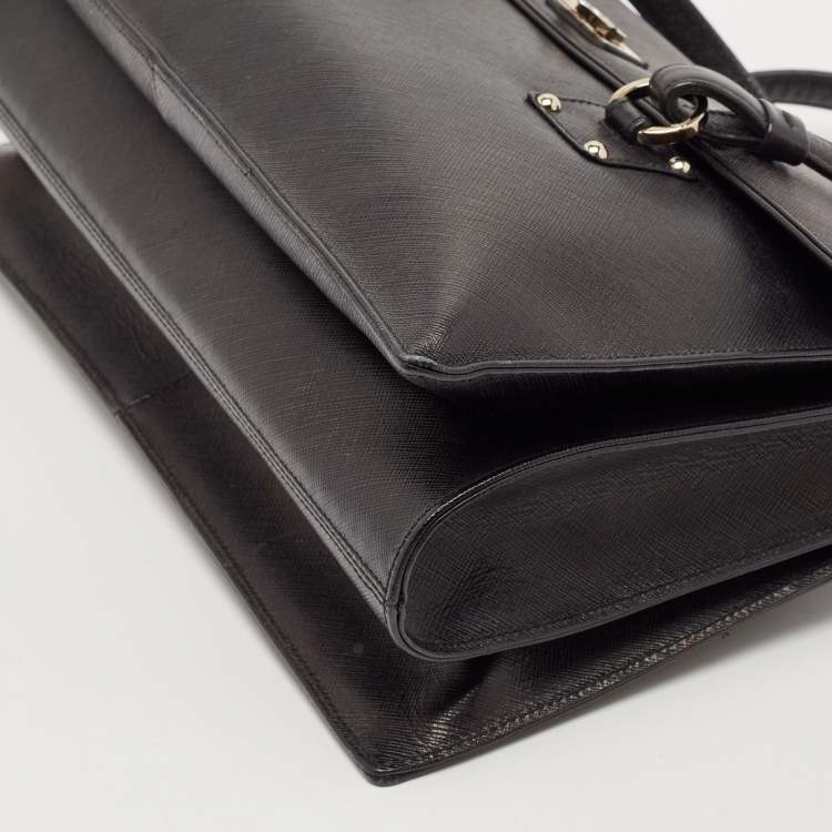 Pre Owned Salvatore Ferragamo Black Saffiano Leather Gancini Flap Satchel