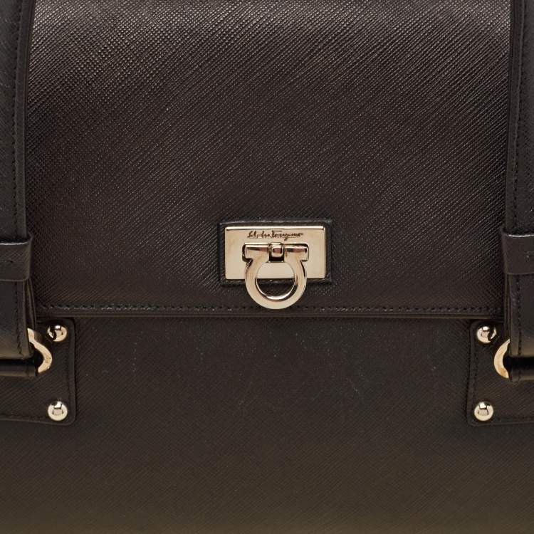 Pre Owned Salvatore Ferragamo Black Saffiano Leather Gancini Flap Satchel