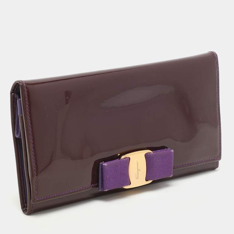 Pre Owned Salvatore Ferragamo Purple Patent Leather Vara Bow Continental Wallet