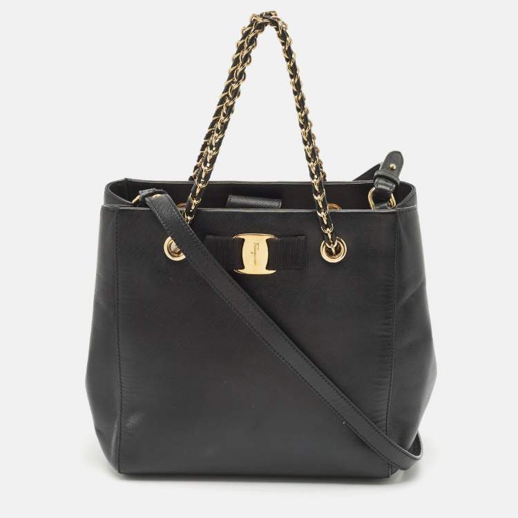 Pre Owned Salvatore Ferragamo Black Leather Vara Bow Chain Tote