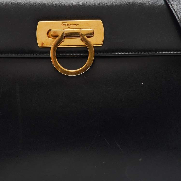Pre Owned Salvatore Ferragamo Black Leather Iconic Gancini Flap Top Handle Bag