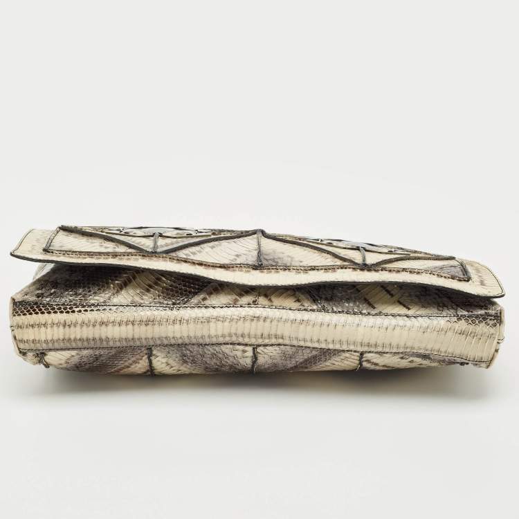 Pre Owned Salvatore Ferragamo Grey Snakeskin Flap Clutch