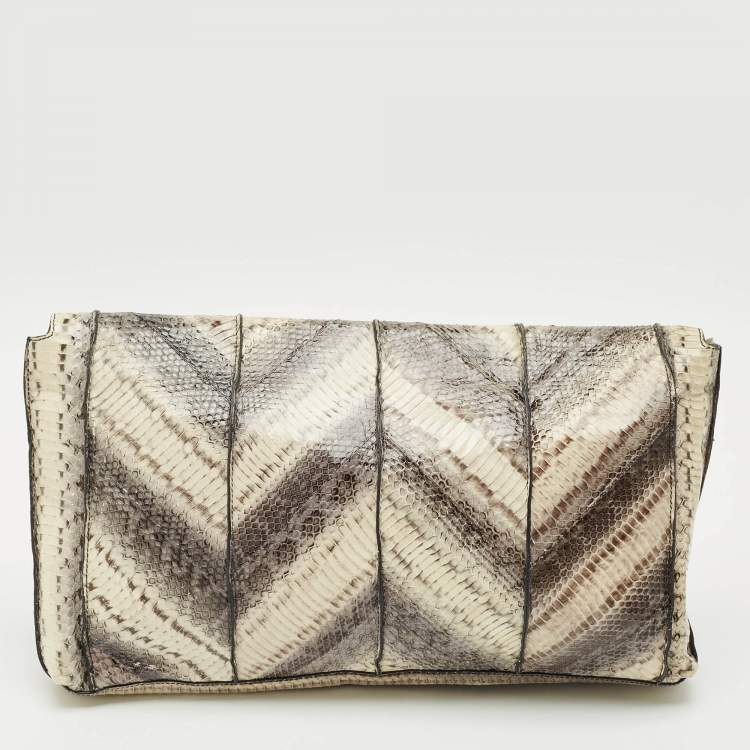 Pre Owned Salvatore Ferragamo Grey Snakeskin Flap Clutch