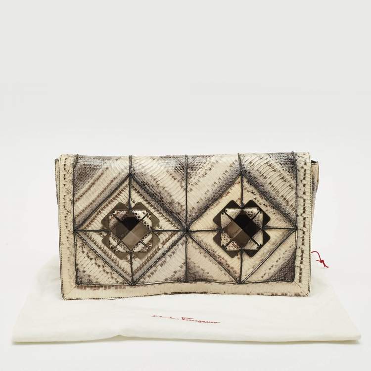 Pre Owned Salvatore Ferragamo Grey Snakeskin Flap Clutch