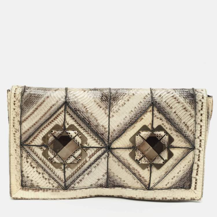 Pre Owned Salvatore Ferragamo Grey Snakeskin Flap Clutch