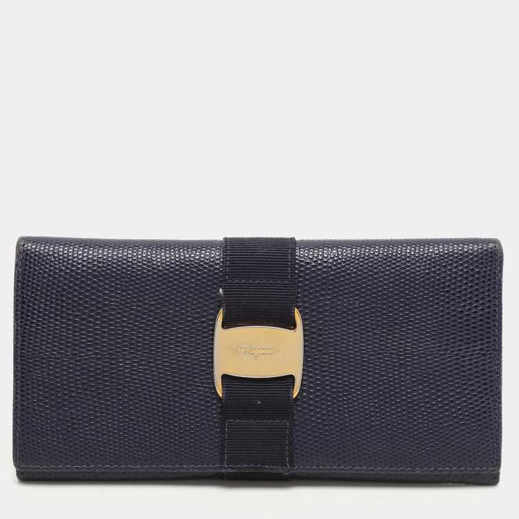 Pre Owned Salvatore Ferragamo Indigo Lizard Leather Vara Bow Continental Wallet