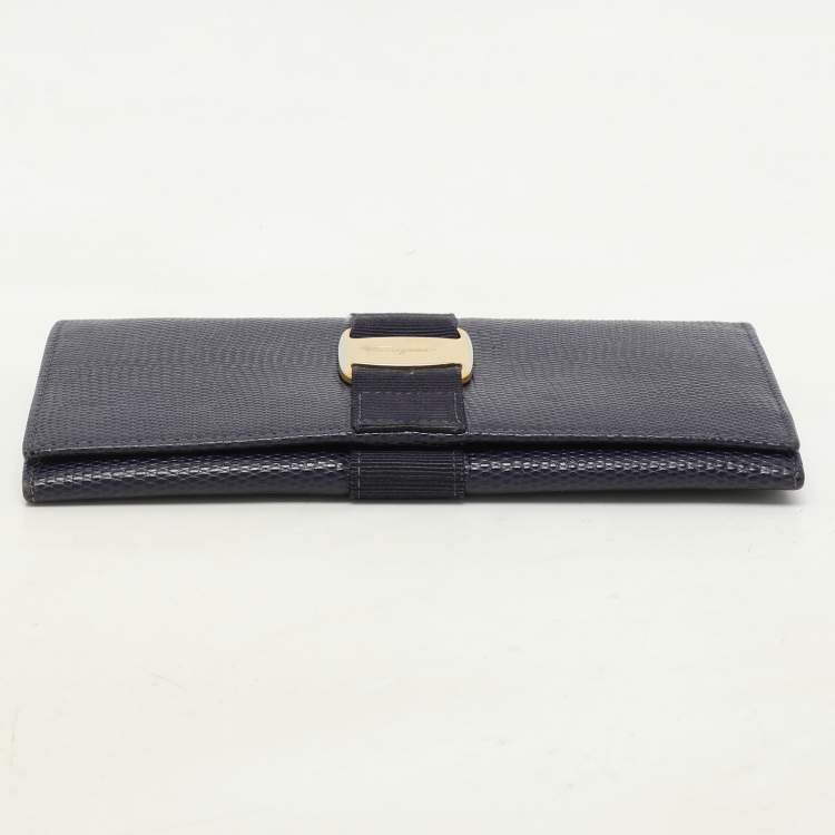 Pre Owned Salvatore Ferragamo Indigo Lizard Leather Vara Bow Continental Wallet