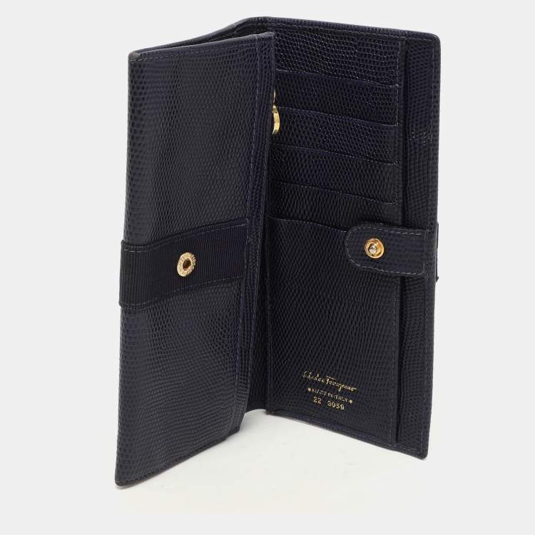 Pre Owned Salvatore Ferragamo Indigo Lizard Leather Vara Bow Continental Wallet