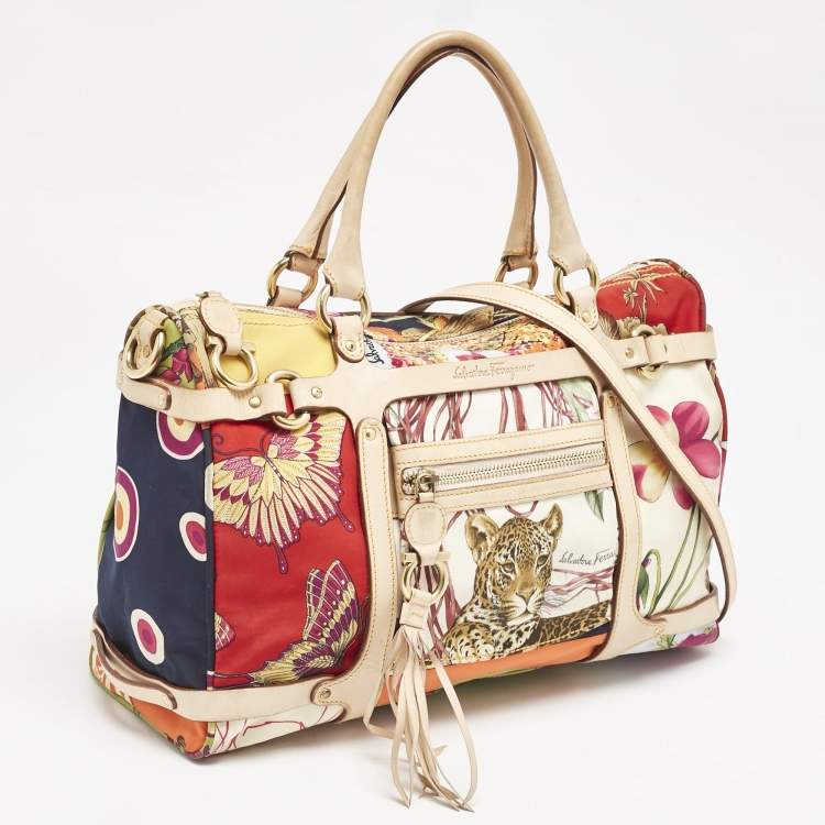 مملوكة مسبقًا Salvatore Ferragamo Multicolor Printed Satin and Leather Fiera Satchel
