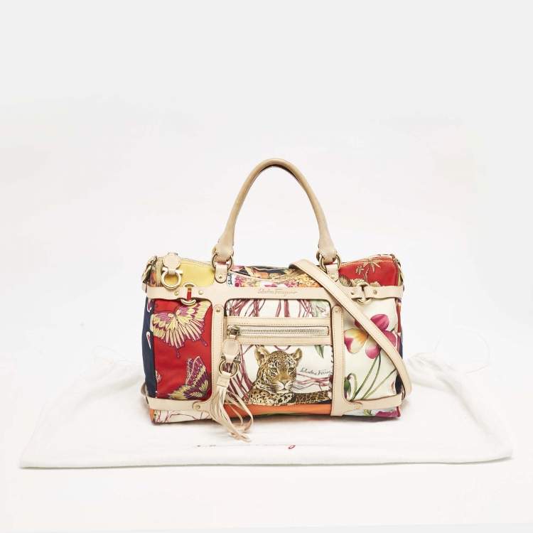 مملوكة مسبقًا Salvatore Ferragamo Multicolor Printed Satin and Leather Fiera Satchel
