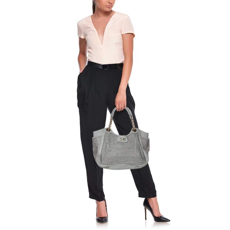 Pre Owned Salvatore Ferragamo Grey Leather and Raffia Betulla Tote