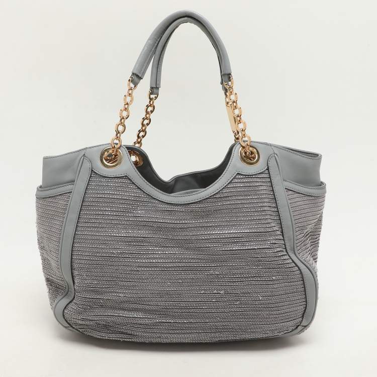 Pre Owned Salvatore Ferragamo Grey Leather and Raffia Betulla Tote