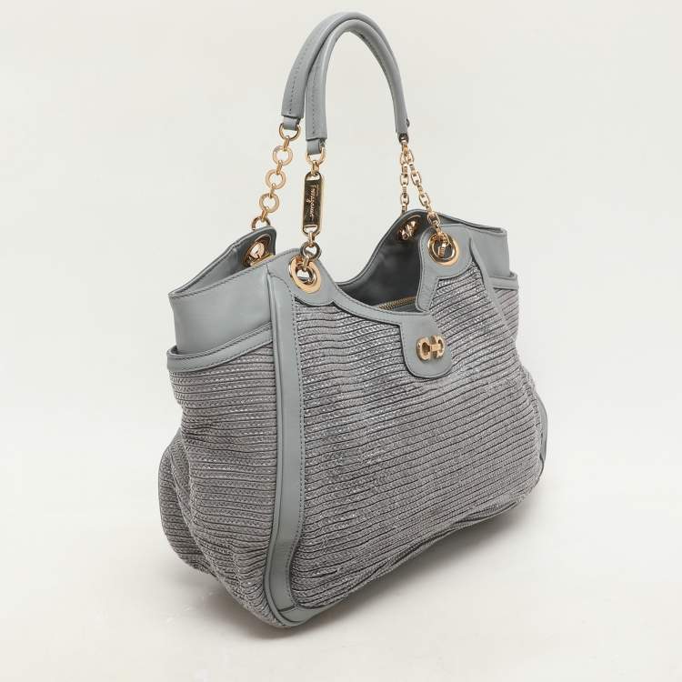 Pre Owned Salvatore Ferragamo Grey Leather and Raffia Betulla Tote