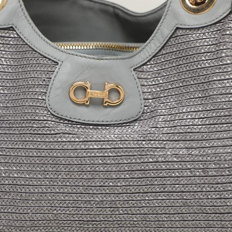 Pre Owned Salvatore Ferragamo Grey Leather and Raffia Betulla Tote