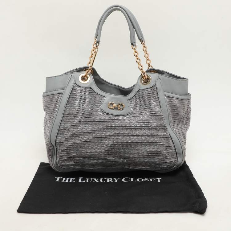Pre Owned Salvatore Ferragamo Grey Leather and Raffia Betulla Tote
