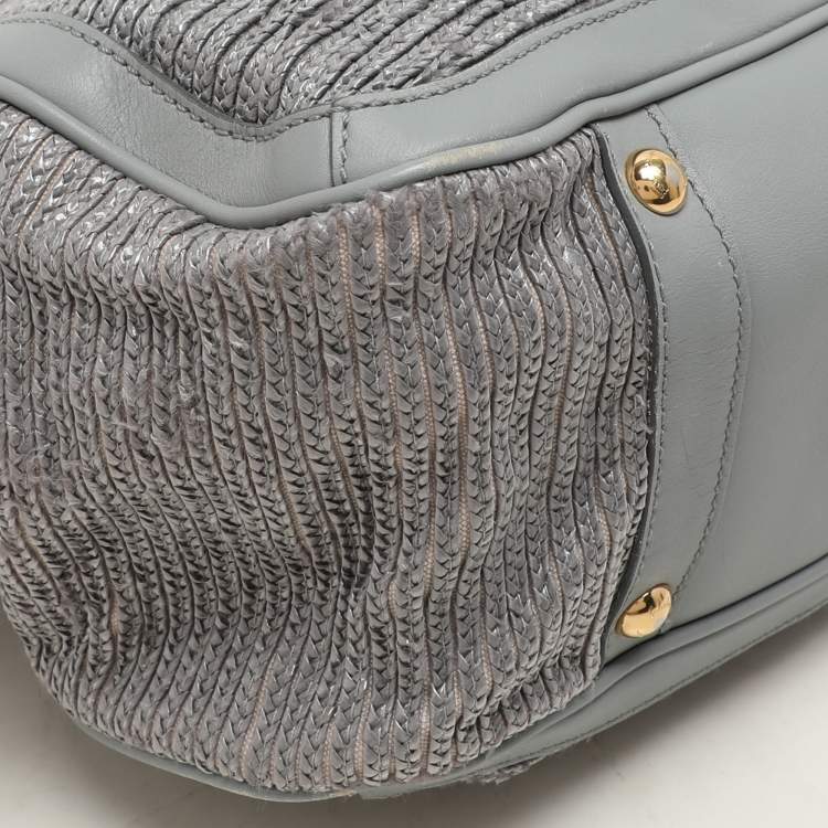 Pre Owned Salvatore Ferragamo Grey Leather and Raffia Betulla Tote
