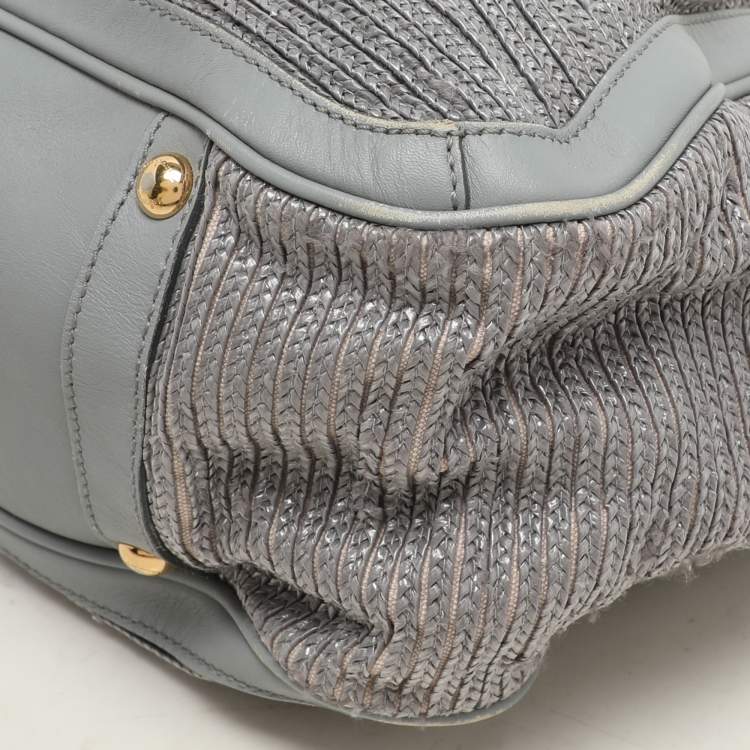 Pre Owned Salvatore Ferragamo Grey Leather and Raffia Betulla Tote