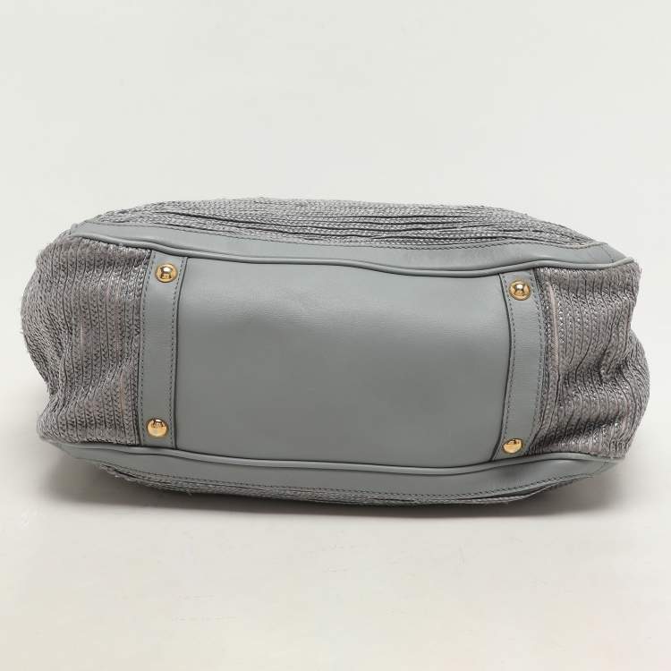 Pre Owned Salvatore Ferragamo Grey Leather and Raffia Betulla Tote
