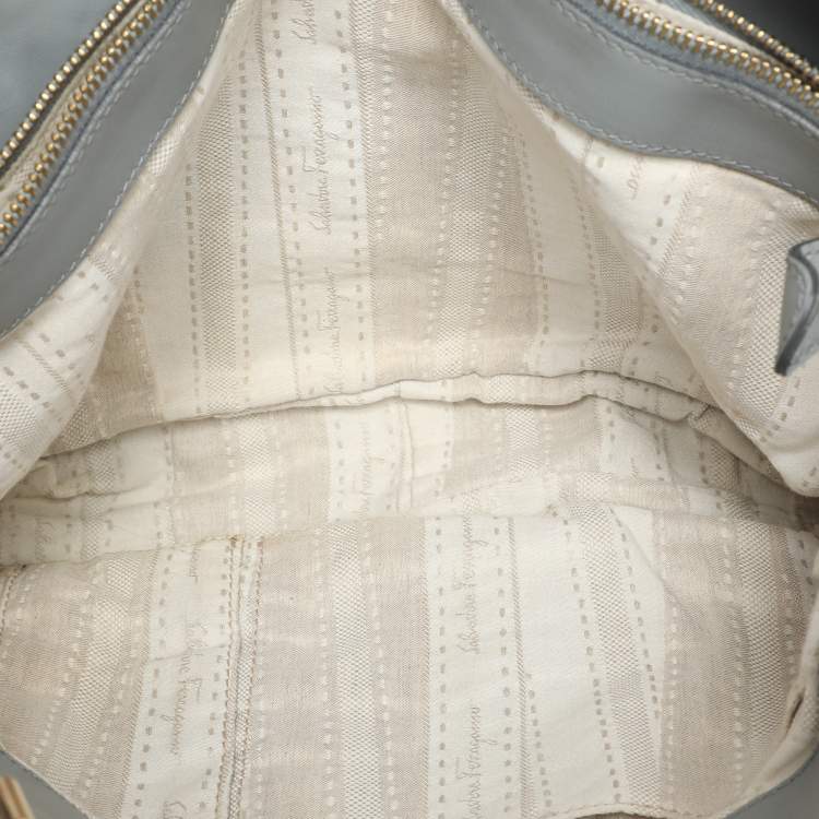 Pre Owned Salvatore Ferragamo Grey Leather and Raffia Betulla Tote