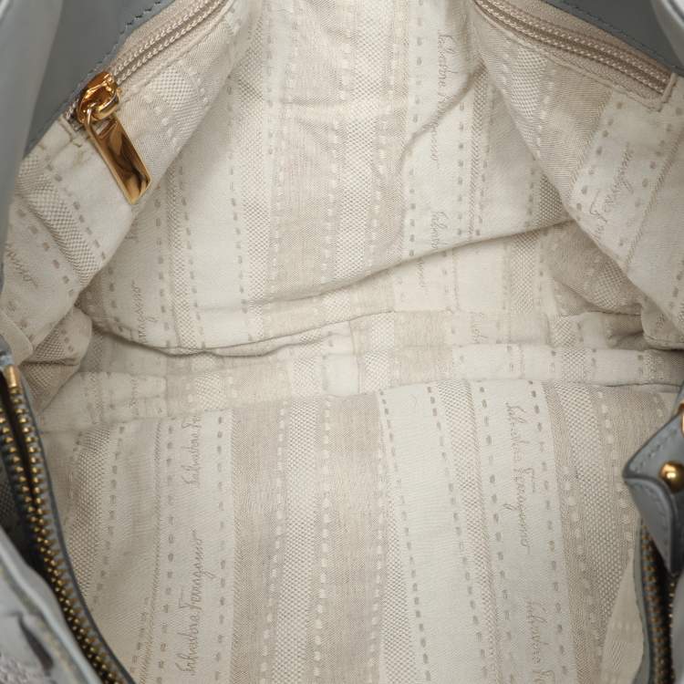 Pre Owned Salvatore Ferragamo Grey Leather and Raffia Betulla Tote
