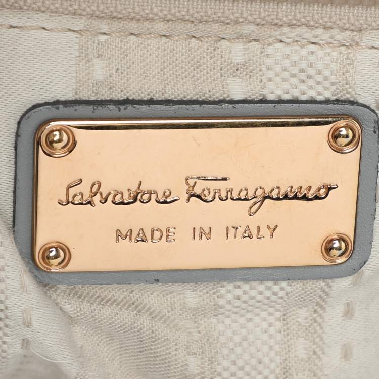 Pre Owned Salvatore Ferragamo Grey Leather and Raffia Betulla Tote