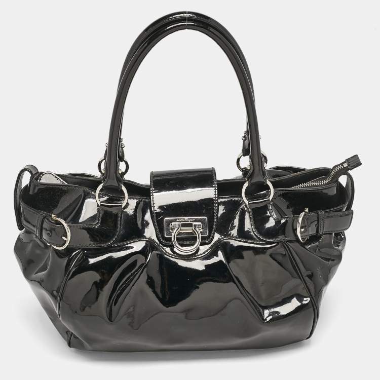 Pre Owned Salvatore Ferragamo Black Patent Leather Marisa Satchel