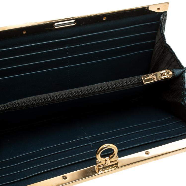 Pre Owned Salvatore Ferragamo Dark Blue Python Mandorla Wallet