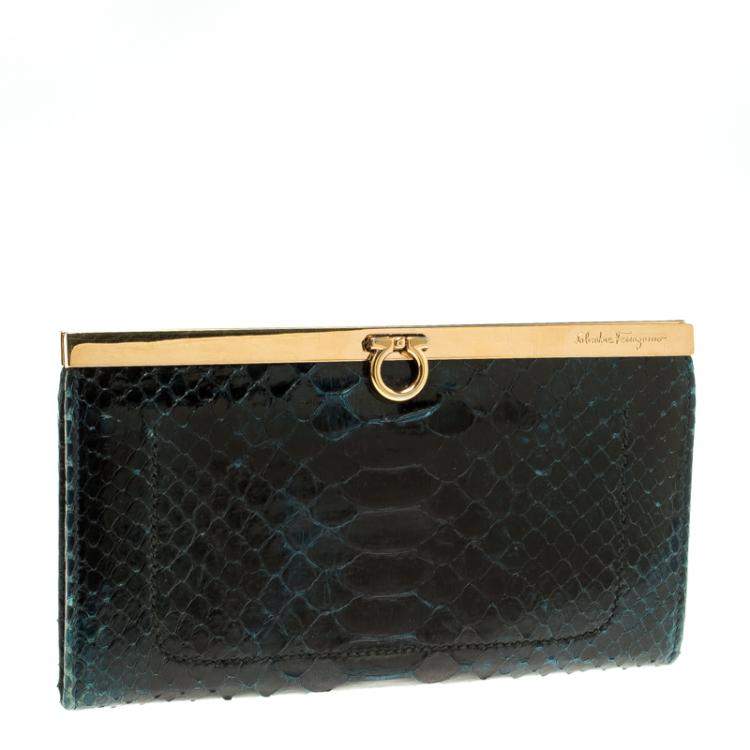 Pre Owned Salvatore Ferragamo Dark Blue Python Mandorla Wallet