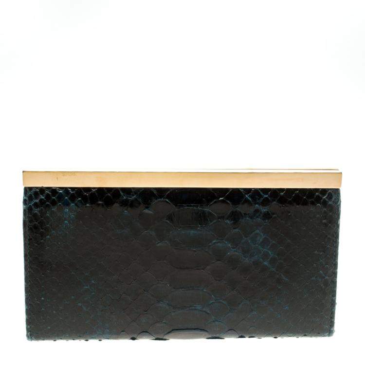 Pre Owned Salvatore Ferragamo Dark Blue Python Mandorla Wallet