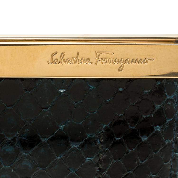 Pre Owned Salvatore Ferragamo Dark Blue Python Mandorla Wallet