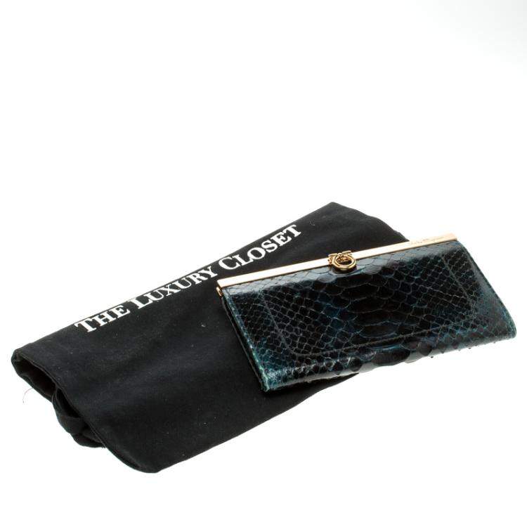 Pre Owned Salvatore Ferragamo Dark Blue Python Mandorla Wallet