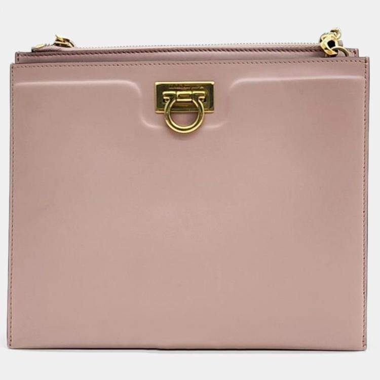Pre Owned Salvatore Ferragamo Pink Leather Trifolio Small Crossbody Bag