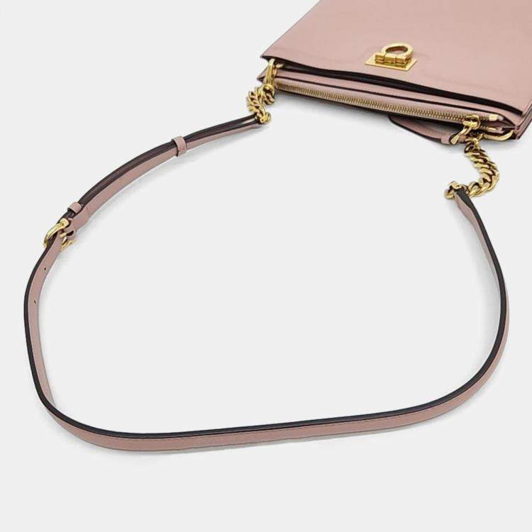 Pre Owned Salvatore Ferragamo Pink Leather Trifolio Small Crossbody Bag