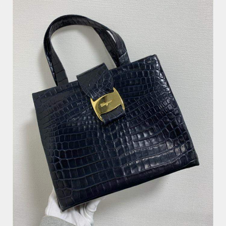 Pre Owned Salvatore Ferragamo Navy Blue Crocodile Embossed Handbag