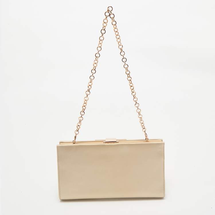 Pre Owned Salvatore Ferragamo Beige Satin Gancini Chain Clutch