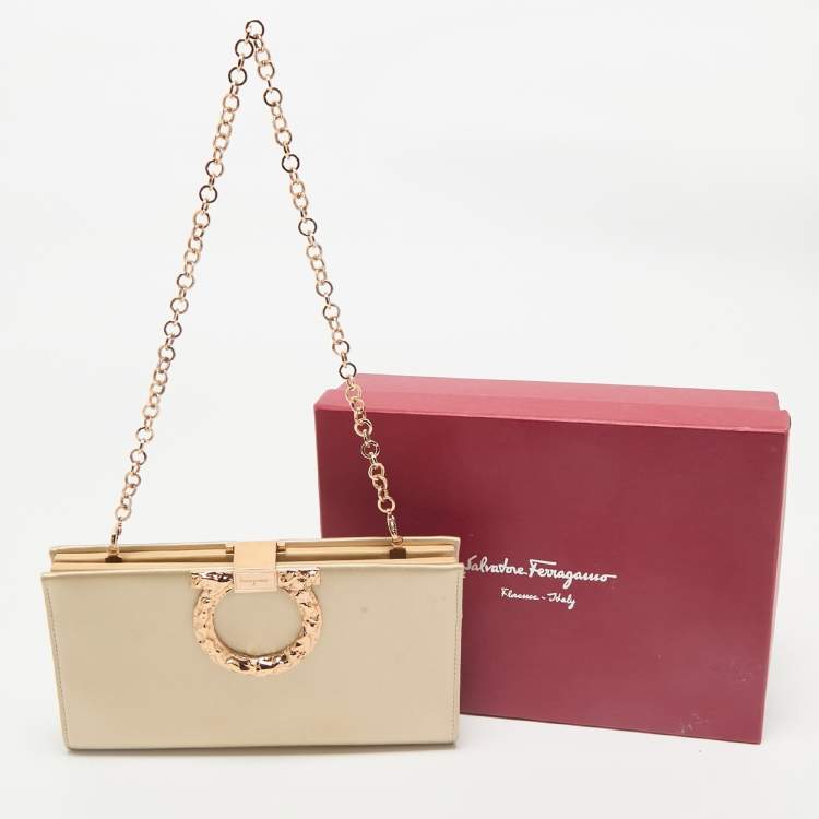Pre Owned Salvatore Ferragamo Beige Satin Gancini Chain Clutch