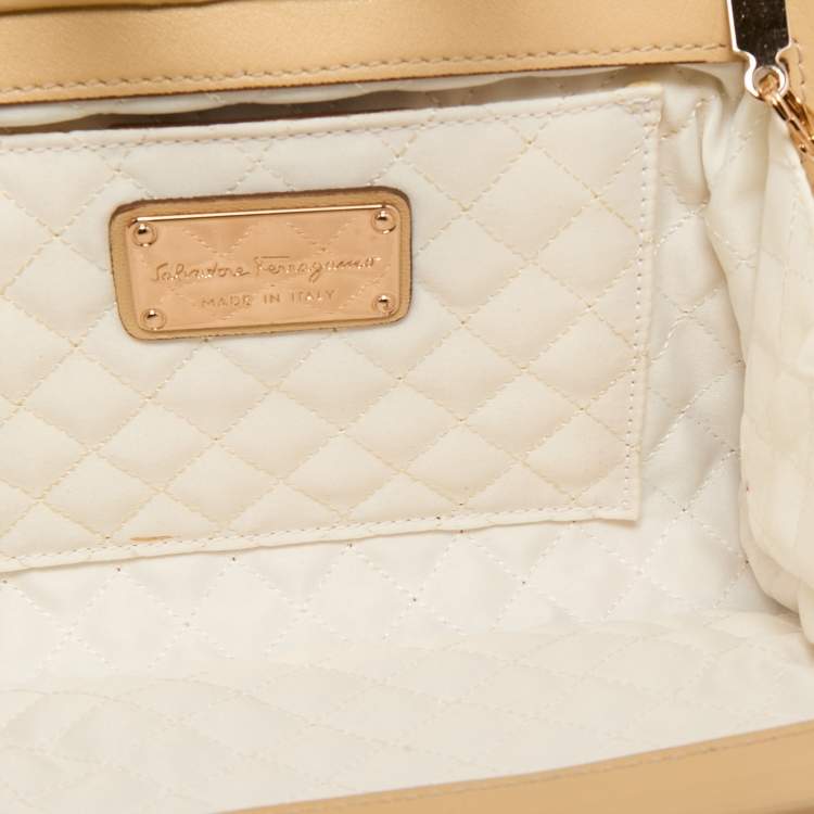 Pre Owned Salvatore Ferragamo Beige Satin Gancini Chain Clutch