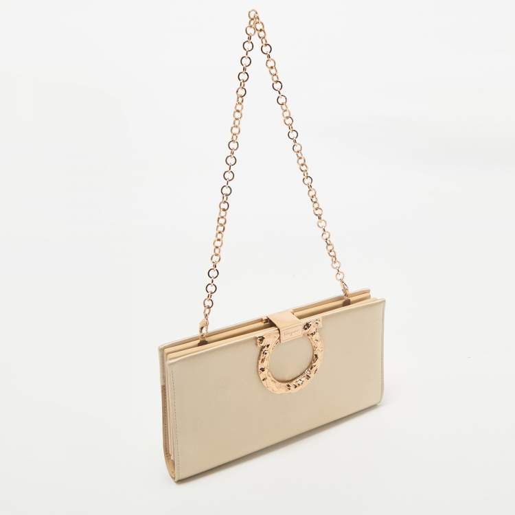 Pre Owned Salvatore Ferragamo Beige Satin Gancini Chain Clutch