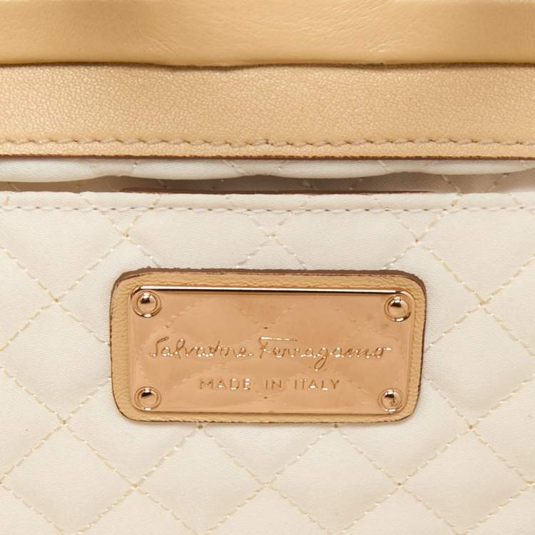 Pre Owned Salvatore Ferragamo Beige Satin Gancini Chain Clutch