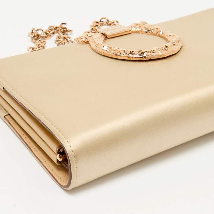 Pre Owned Salvatore Ferragamo Beige Satin Gancini Chain Clutch