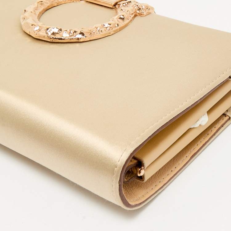 Pre Owned Salvatore Ferragamo Beige Satin Gancini Chain Clutch