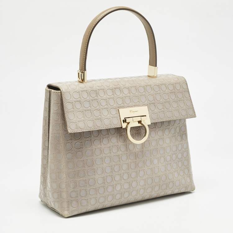 مملوكة مسبقًا Salvatore Ferragamo Grey Signature Embossed Leather Gancini Top Handle Bag