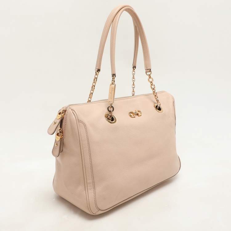 Pre Owned Salvatore Ferragamo Beige Leather Double Gancio Bag